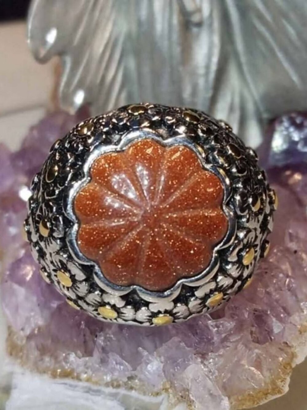 Vintage Red Goldstone Ion-Plated Stainless Steel Floral Ring